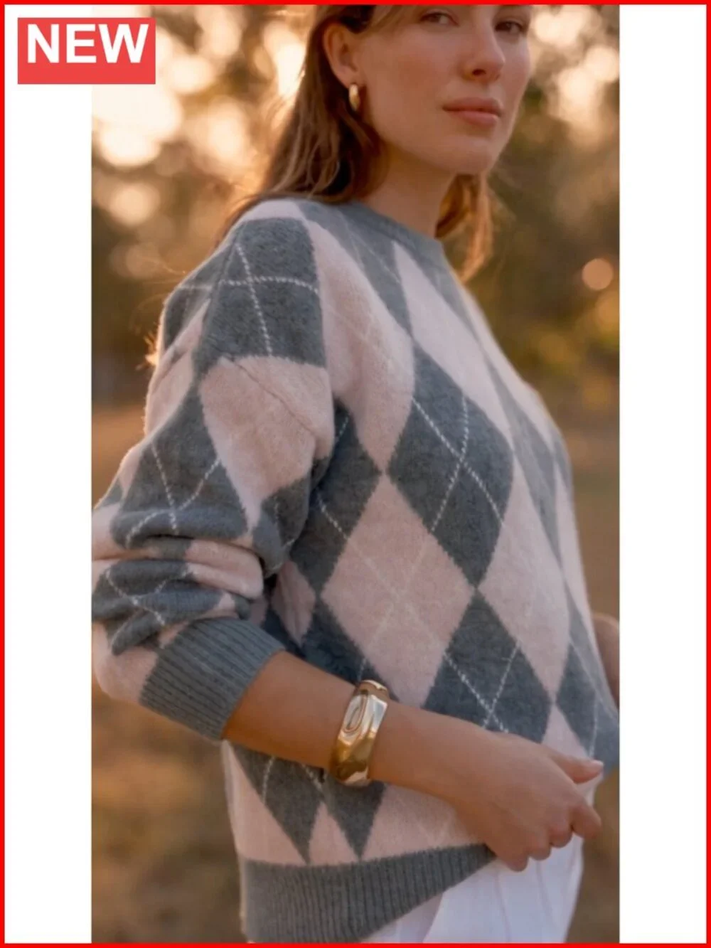 Oversized Argyle Plaid Knit Pullover Sweater Long Sleeve Crew Neck